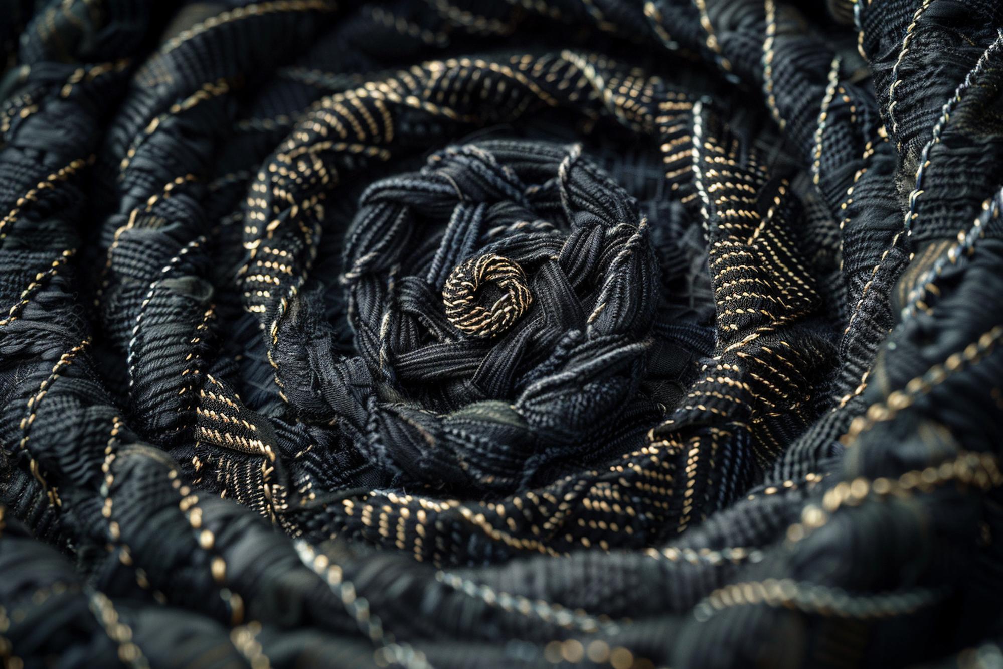 Close detail of metallic thread embroidery on dark fabric